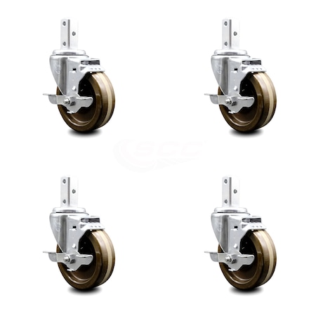 Service Caster 4 Inch High Temp Phenolic Wheel Swivel 7/8 Inch Square Stem Caster Set Brake SCC SCC-SQ20S414-PHSHT-TLB-78-4